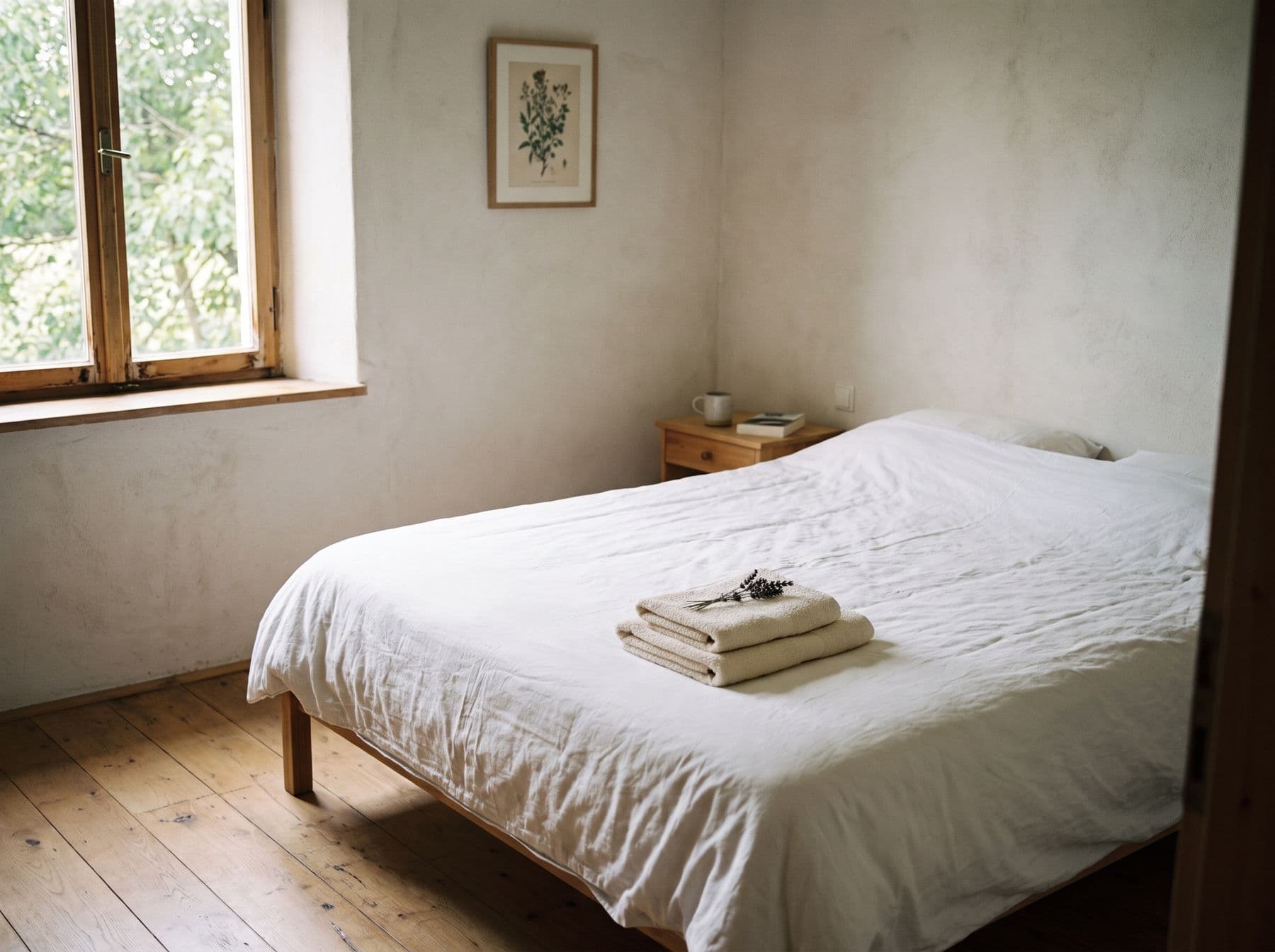 Schlafzimmer einer Ferienwohnung mit Handtüchern für die Gäste